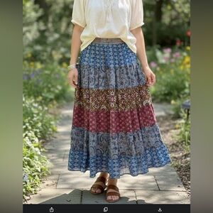 Sacred Threads Bohemian Patchwork Maxi Skirt Multicolor flowy elastic S/M